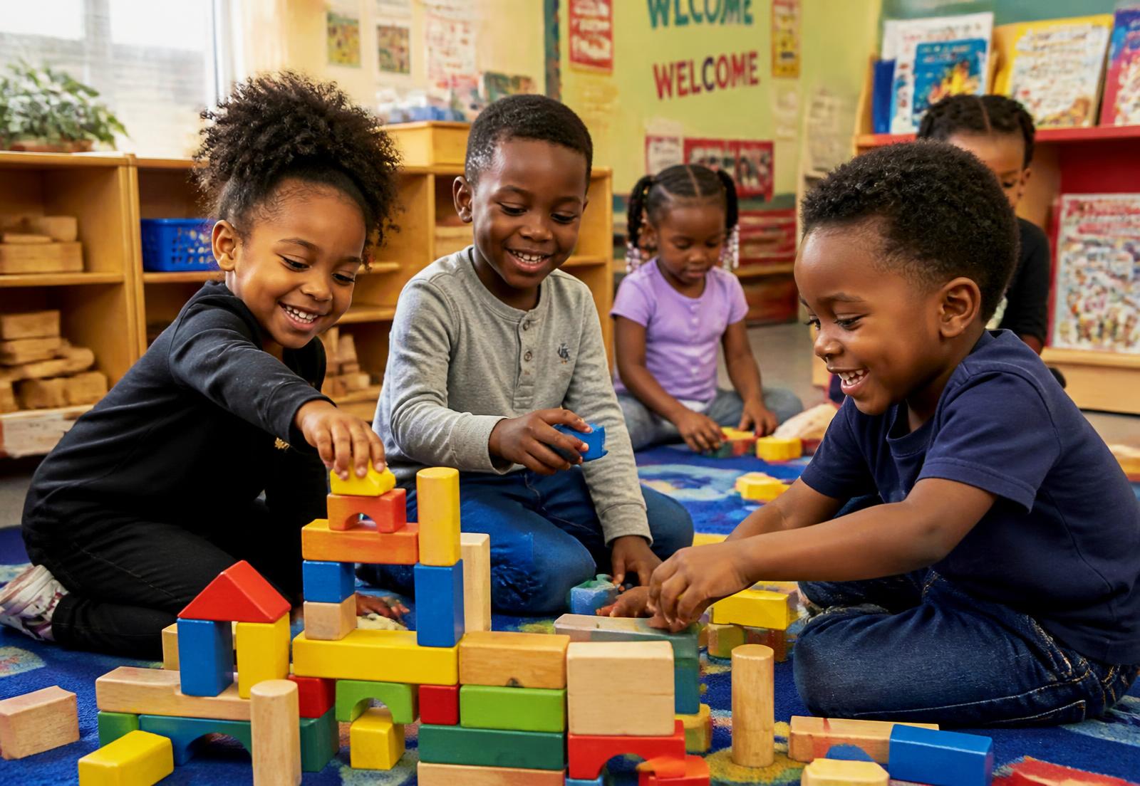 Preschoolers building with colorful wooden blocks at Gifted Minds